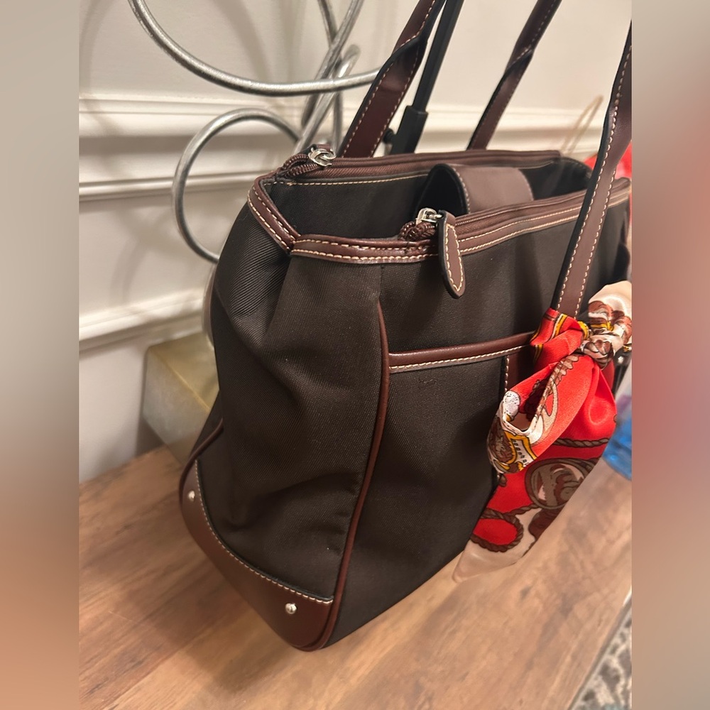 Etienne Aigner Brown Shoulder Nylon and Leather Tote Bag with Bag Scarf - Picture 9 of 14